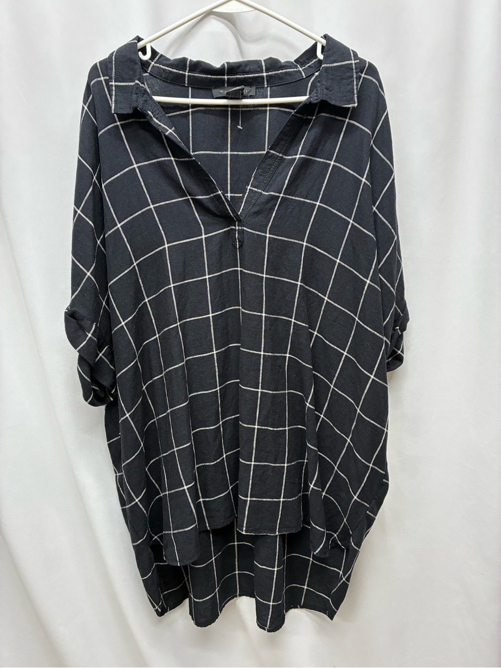 Tahari windowpane oversized shirt size 3x linen blend black white popover
